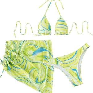 3 piece green print bikini set with wrap